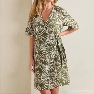 Garnet Hill Easy Linen Wrap Mini Dress in Olive Palms